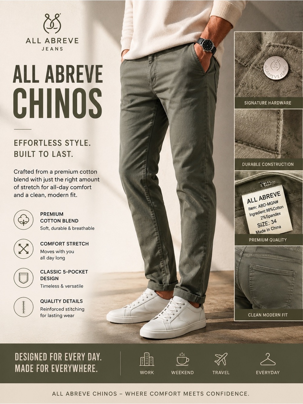 All Abreve Olive Stretch Chinos Men’s 34x30 Slim Fit Modern Casual Pants